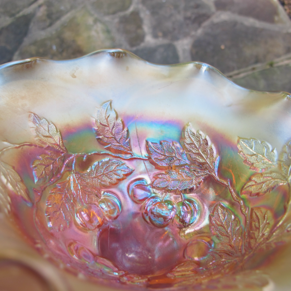 Antique Dugan Cherries Pastel Marigold Carnival Glass Footed Bowl