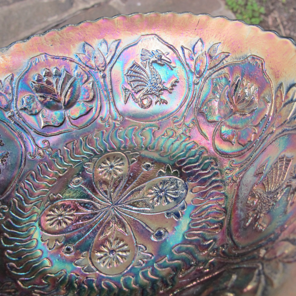 Antique Fenton Dragon & Lotus Blue Carnival Glass Flared Nut Bowl - Spat Ftd.