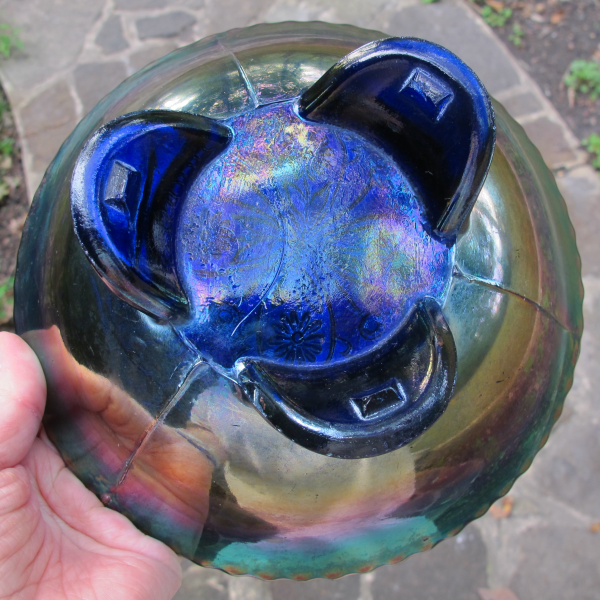 Antique Fenton Dragon & Lotus Blue Carnival Glass Flared Nut Bowl - Spat Ftd.