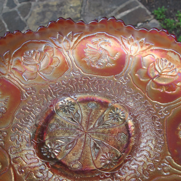 Antique Fenton Dragon & Lotus Reverse Amberina Red Carnival Glass ICS Bowl