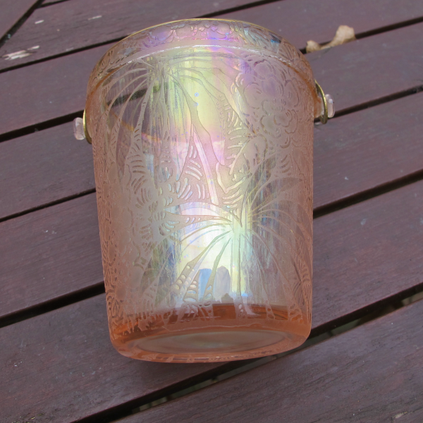Antique Fostoria Brocaded Palms Pink Iridescent Carnival Glass Bucket