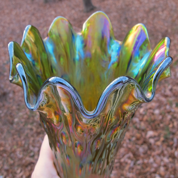 Antique Northwood Green Tree Trunk Carnival Glass Vase - Mid-Size!