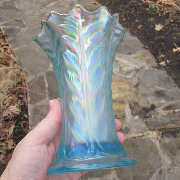 Antique Northwood Ice Blue Leaf Columns Carnival Glass Squat Vase