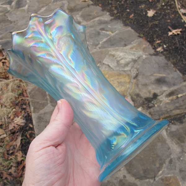 Antique Northwood Ice Blue Leaf Columns Carnival Glass Squat Vase