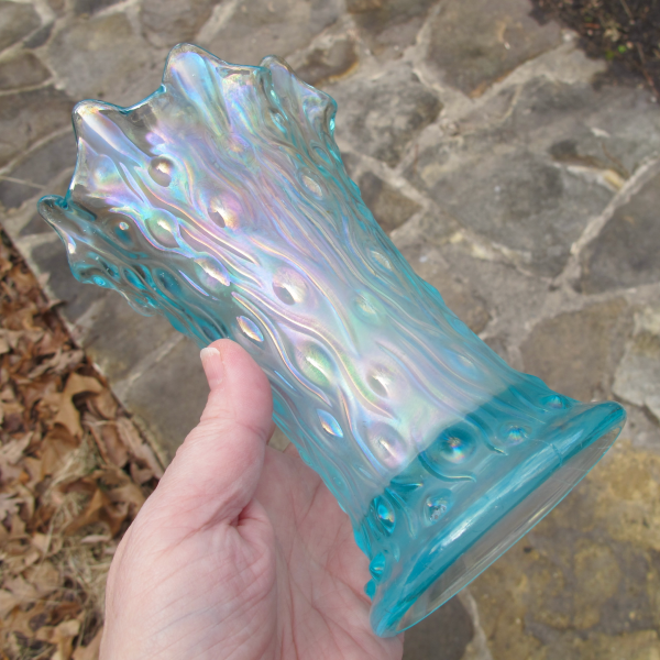 Antique Northwood Ice Blue Tree Trunk Carnival Glass Squat Vase