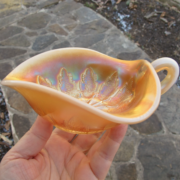 Antique Dugan Leaf Rays Peach Opal Carnival Glass Spade Nappy