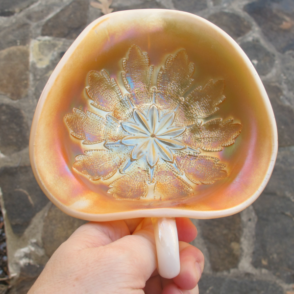 Antique Dugan Leaf Rays Peach Opal Carnival Glass Spade Nappy