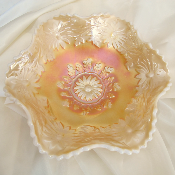 Antique Westmoreland Daisy Wreath Marigold on Milkglass Carnival Glass Bowl