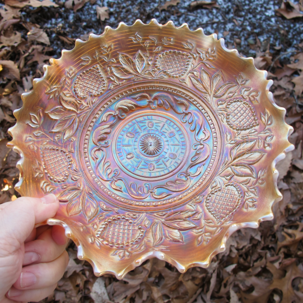 Antique Dugan Fanciful Peach Opal Carnival Glass Low Ruffled Bowl