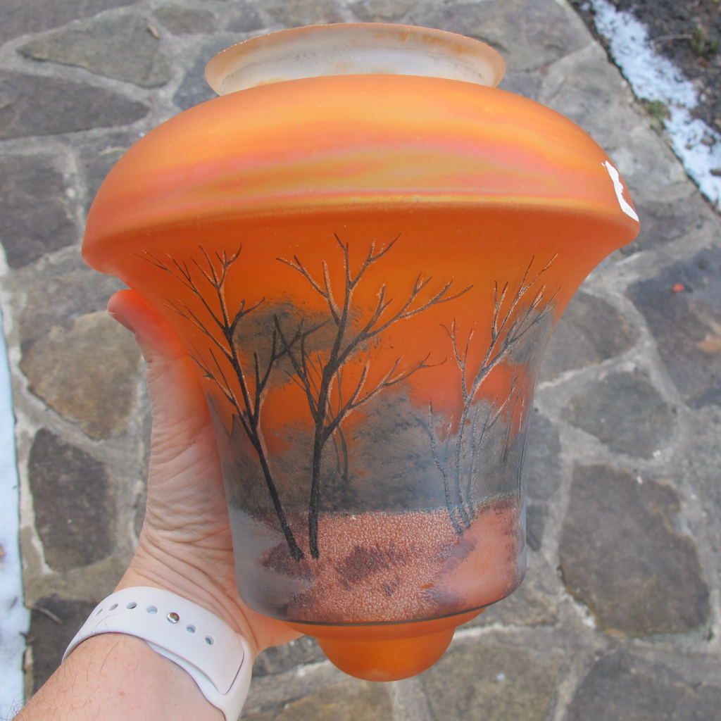 Antique Czech Painted Winter Mountain Scene Iridescent Carnival Glass Lamp Shade Fixture