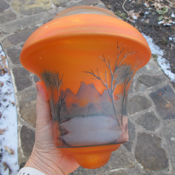 Antique Czech Painted Winter Mountain Scene Iridescent Carnival Glass Lamp Shade Fixture