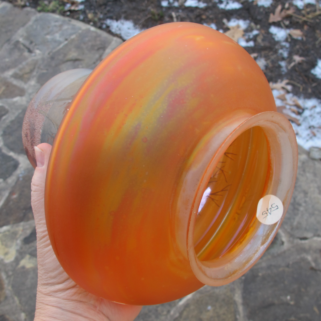 Antique Czech Painted Winter Mountain Scene Iridescent Carnival Glass Lamp Shade Fixture