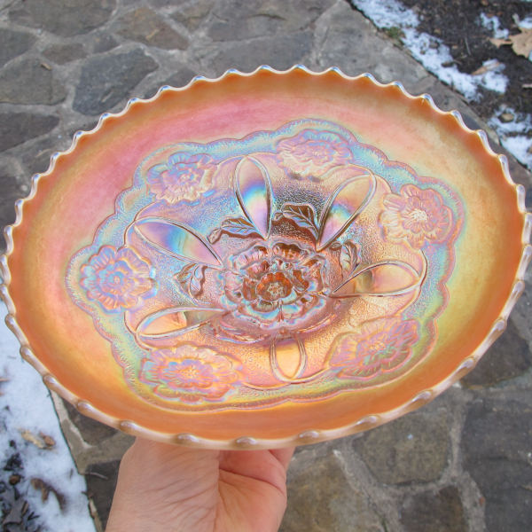 Antique Dugan Peach Opal Double Stem Rose Carnival Glass ICS Bowl