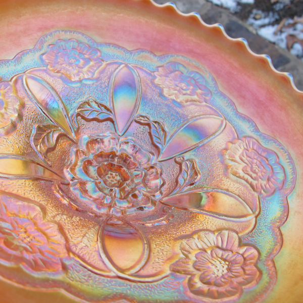 Antique Dugan Peach Opal Double Stem Rose Carnival Glass ICS Bowl
