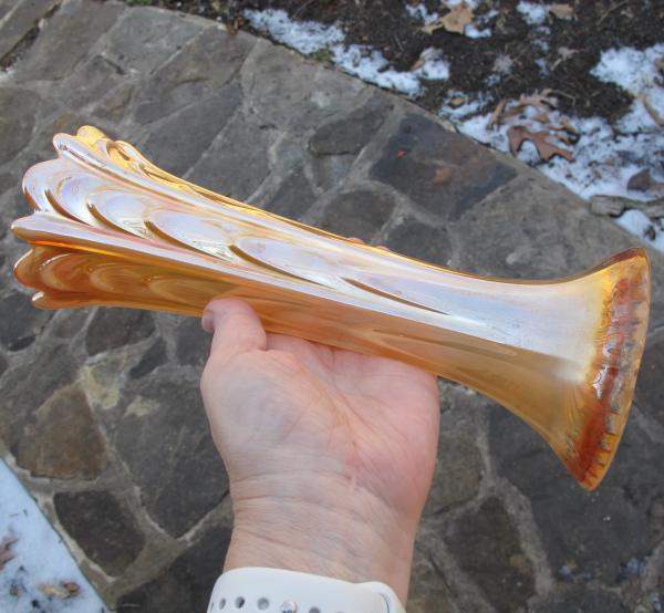 Antique Dugan Pulled Loop Peach Opal Carnival Glass Vase