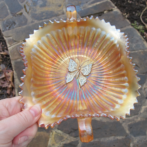 Antique Northwood Butterfly Marigold Carnival Glass Bon Bon