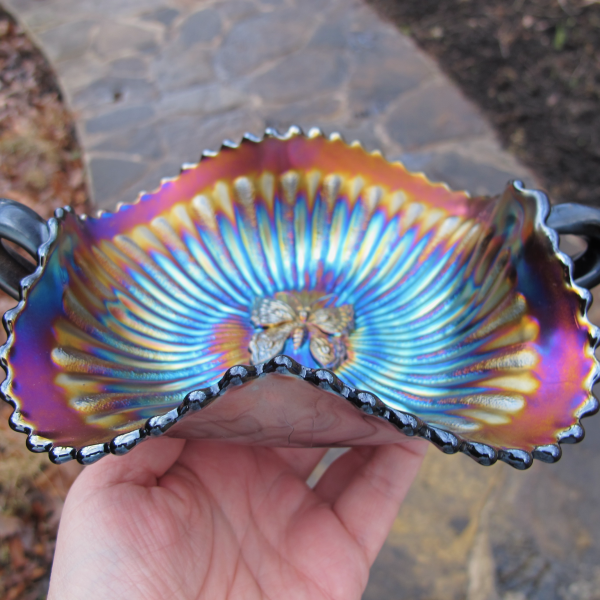 Antique Northwood Butterfly Electric Amethyst Carnival Glass Bon Bon