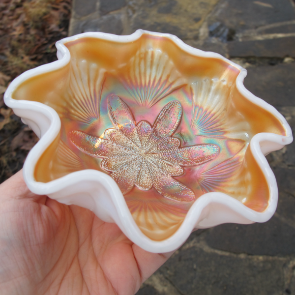 Antique Dugan Peach Opal Petal & Fan Carnival Glass Small Bowl