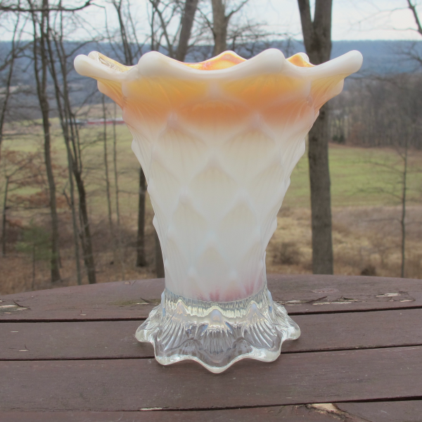 Antique Dugan Lined Lattice Peach Opal Carnival Glass Squat Vase