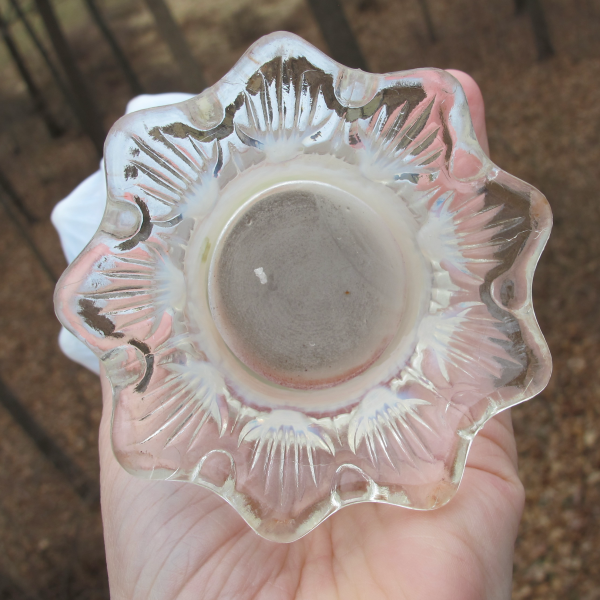 Antique Dugan Lined Lattice Peach Opal Carnival Glass Squat Vase