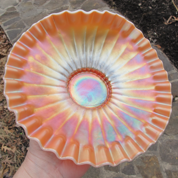 Antique Dugan Single Flower Framed Peach Opal Carnival Glass Handgrip Plate