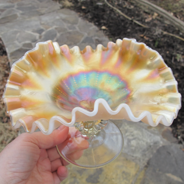 Antique Dugan Opal Open Beaded Panels Peach Opalescent Carnival Glass Tri-corner Compote