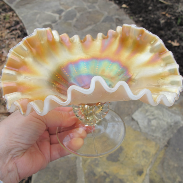 Antique Dugan Opal Open Beaded Panels Peach Opalescent Carnival Glass Tri-corner Compote
