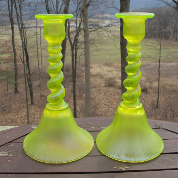 Antique U.S. Glass Vaseline #315 Stretch Carnival Glass Candleholders