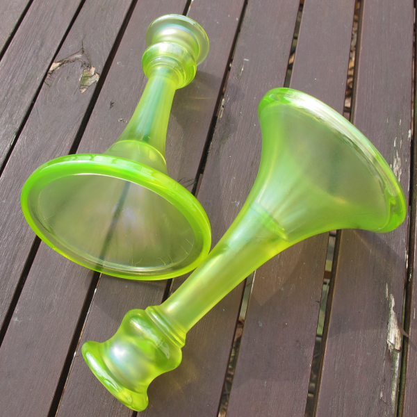 Antique Northwood Vaseline Trumpet #719 Carnival Glass Stretch Candleholders