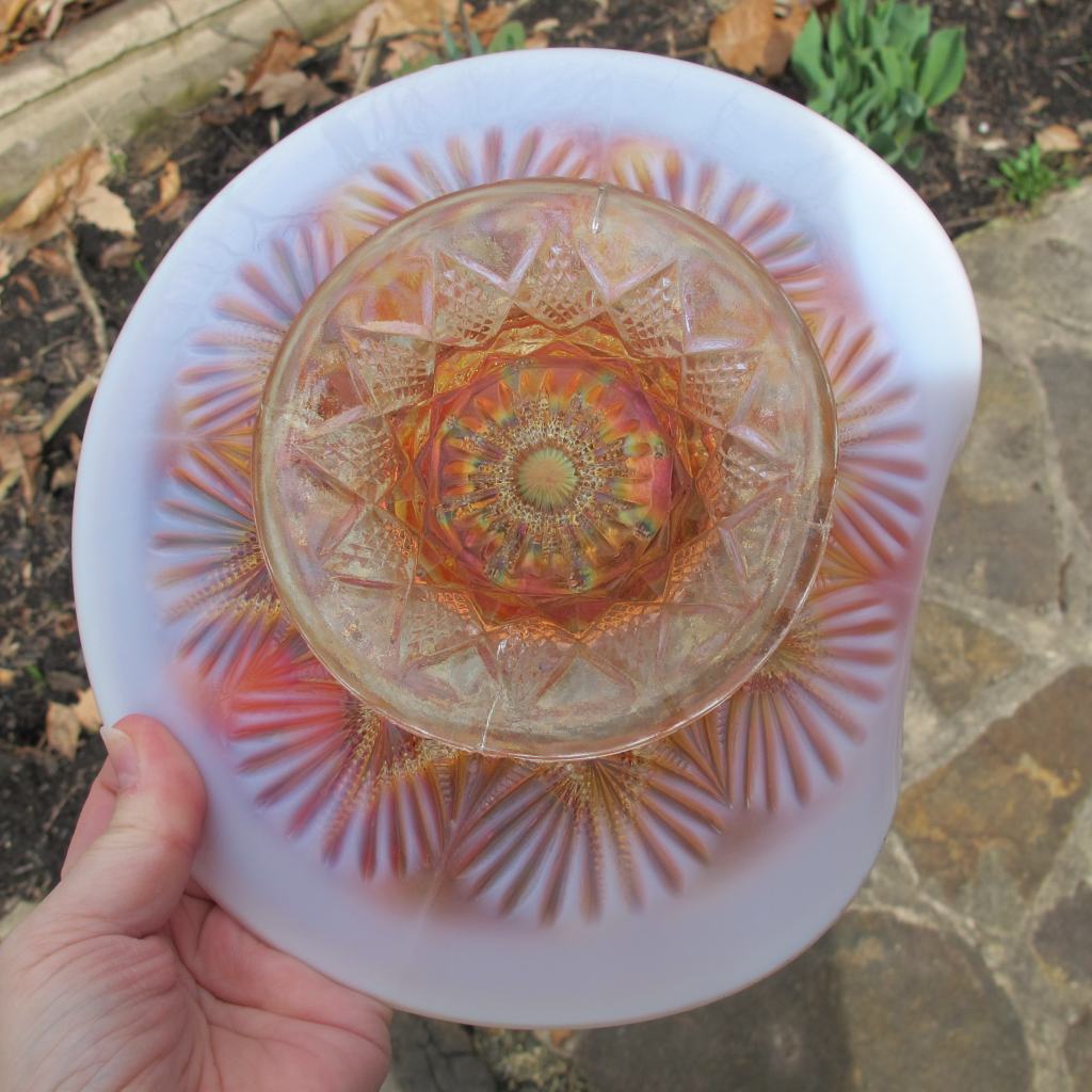 antique-dugan-ski-star-peach-opal-carnival-glass-large-handgrip-plate