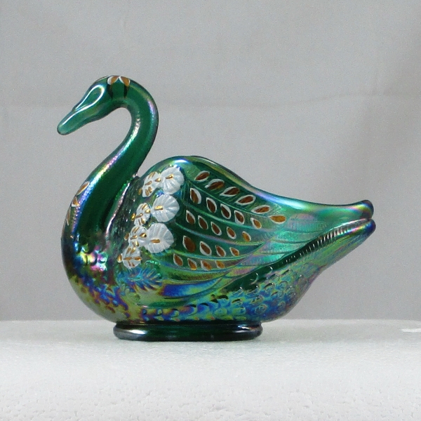 Fenton Green Hand Painted Glass Pastel Swan Salt 2001 Museum Collection