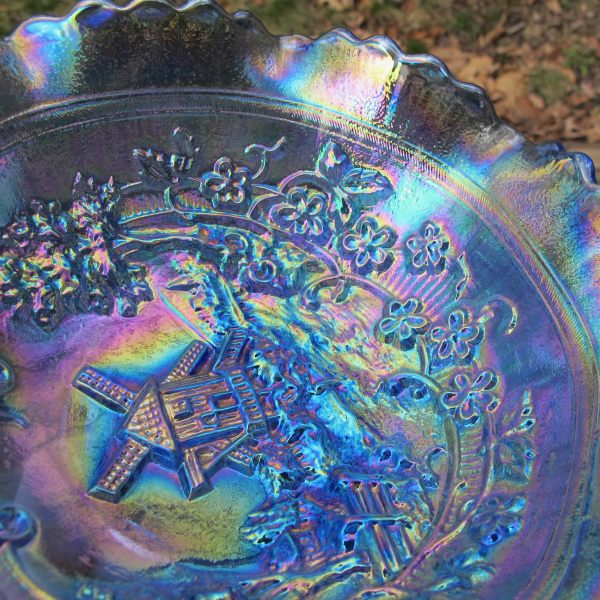 Summit Light Blue Windmill Carnival Glass Bowl