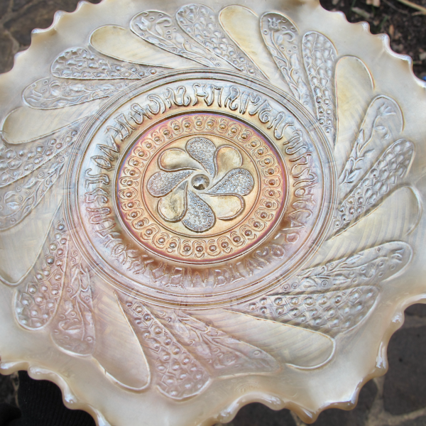 Antique Dugan Roundup Golden Peach Opal Carnival Glass Plate Bowl