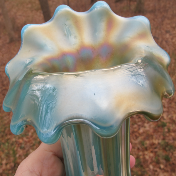 Antique Westmoreland Corinth Blue Opal Carnival Glass JIP Vase Opalescent