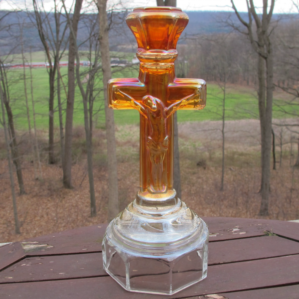Antique Imperial Marigold Crucifix Carnival Glass Candleholder #2