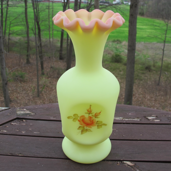 Fenton Hand Painted Roses Burmese Glass Pinched Vase 7359 RB