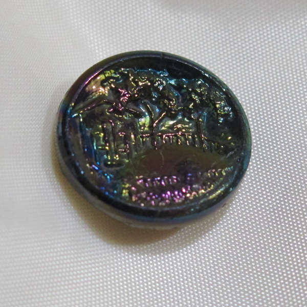 Antique Black Amethyst Carnival Glass Button Luster Iridescent - Garden Scenery