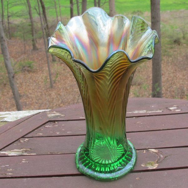 Antique Northwood Green Feathers Carnival Glass Vase - Alaskan Treatment