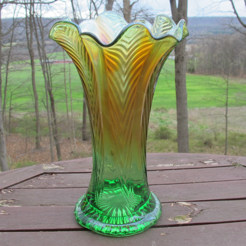 Antique Northwood Green Feathers Carnival Glass Vase Alaskan