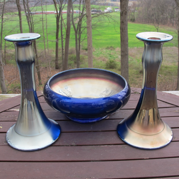 Antique Dugan Mae West BLUE Carnival Glass Stretch Console Set - Bowl Candleholders