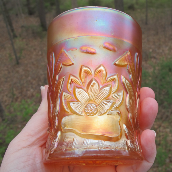 Antique Fenton Waterlily & Cattails Marigold Carnival Glass Tumbler Satiny