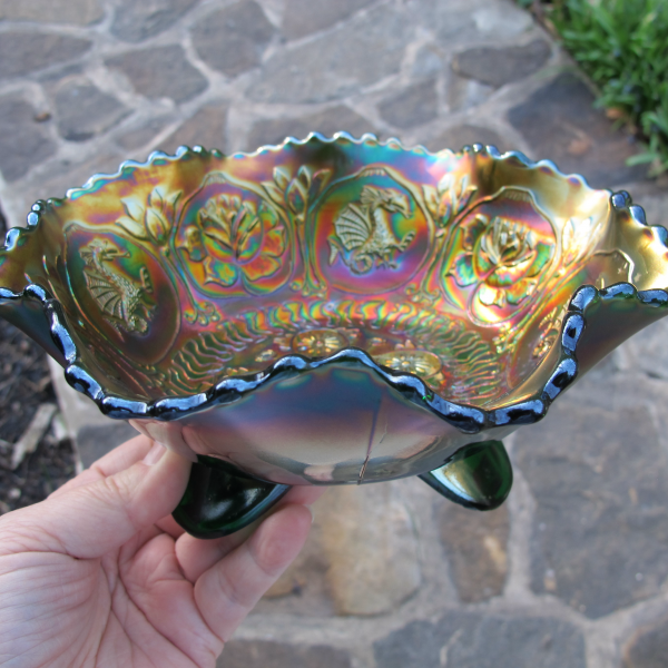 Antique Fenton Dragon & Lotus Green Carnival Glass Footed Ruffled Bowl