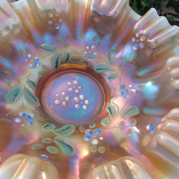 Antique Dugan Enameled Single Flower Peach Opal Carnival Glass 3N1 Bowl