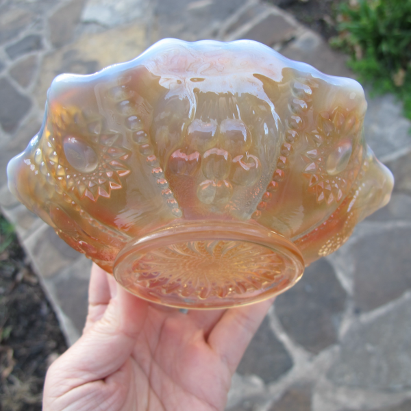 Antique Westmoreland Peach Opal Hobstar & Fruit Carnival Glass Bowl