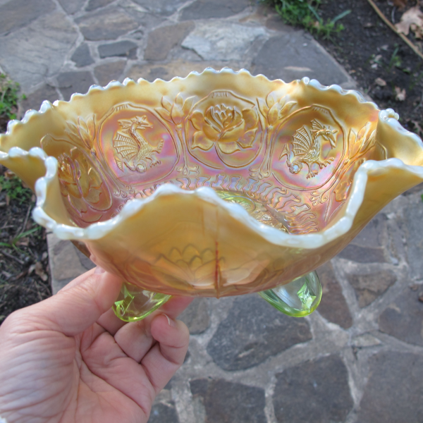 Antique Fenton Vaseline Opal Dragon & Lotus Carnival Glass Footed Bowl