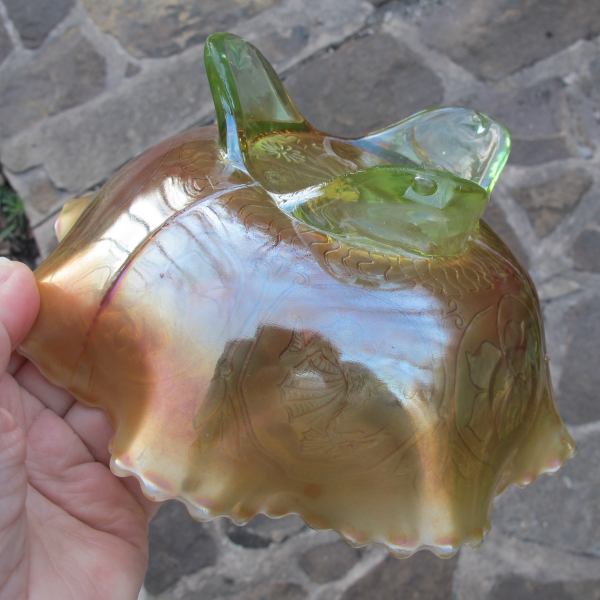 Antique Fenton Vaseline Opal Dragon & Lotus Carnival Glass Footed Bowl