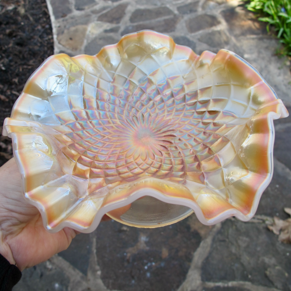 Antique Dugan Folding Fan Peach Opal Carnival Glass Compote