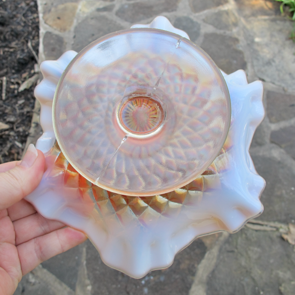 Antique Dugan Folding Fan Peach Opal Carnival Glass Compote