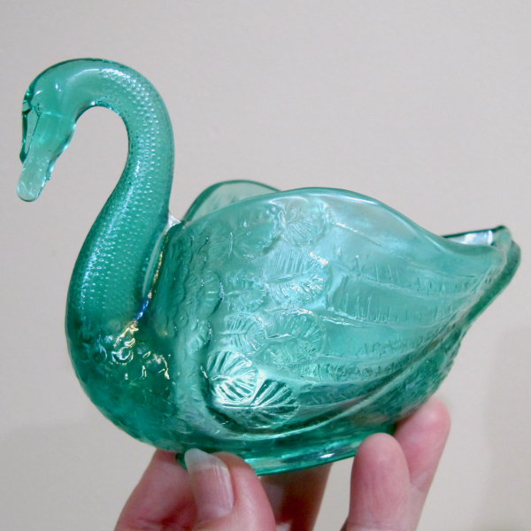 Antique Imperial or Fenton Aqua Teal Carnival Stretch Glass Swan #127