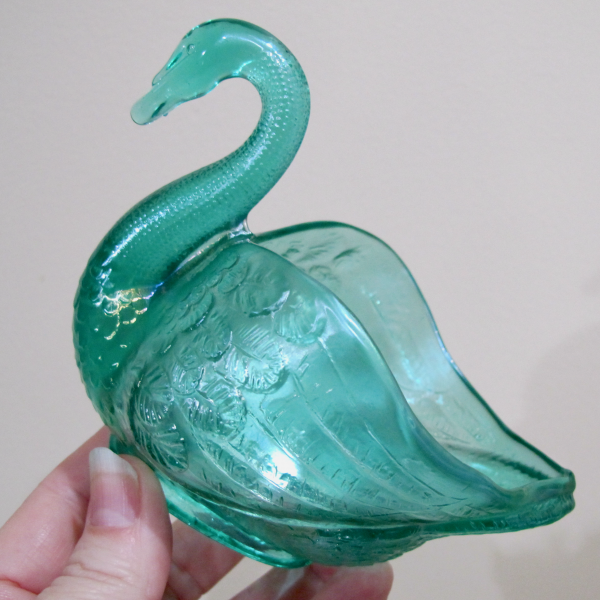 Antique Imperial or Fenton Aqua Teal Carnival Stretch Glass Swan #127